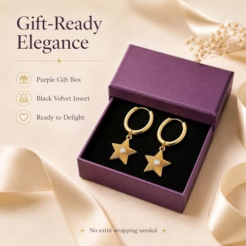 Star Drop Hoop Earrings for Women - 14K Gold Plated Zirconia Textured Star Dangle Huggie Hoops Hypoallergenic Stainless Steel Small Dainty Jewelry Gifts for Everyday Birthday by SIGNEALA - Used condition - Image 7