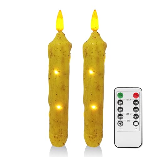 Image of 6.5 Inches Primitive Real Wax LED Flameless Short Candlesticks Hand Dipped Battery Operated Taper Candles with Timer Remote Candles for Vintage Rustic Home Decor, Pack of 2(Yellow)