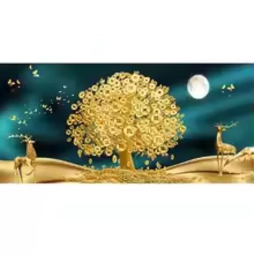 Arbre porte-bonheur or et cerf XINBAO grand tableau encadré