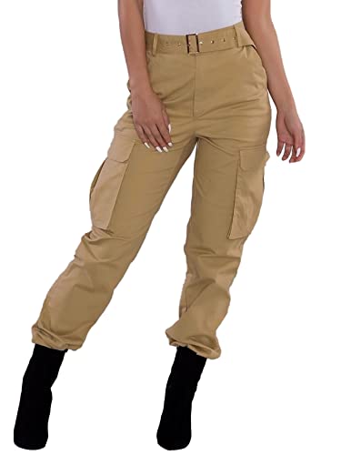 Lyaner Women's Casual Cargo High Waisted Solid With Pockets Baggy Jogger Pants Khaki Small #TOP2