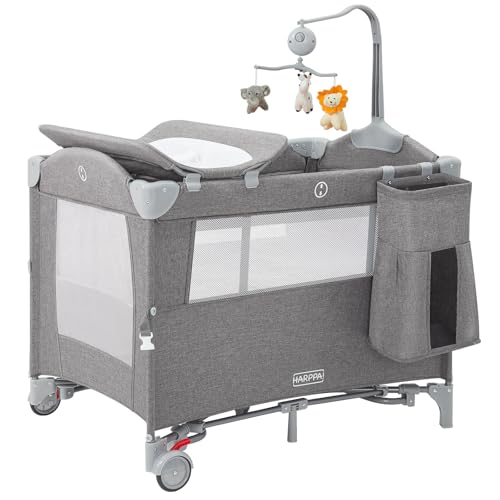 Image of HARPPA Baby 5 in 1 Playard, Portable Pack and Play for Travel, Baby Bassinet Bedside Sleeper with Mattress, Rolling Bassinet for Infant, Pack n Play with Changing Table, Baby Bed, Crib(Grey)
