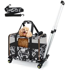 Lekereise Cat Carrier with Wheels for Small Pet, Airline Approved Dog Carrier with Wheels, Rolling Dog Cat Carrier, Black with Pattern