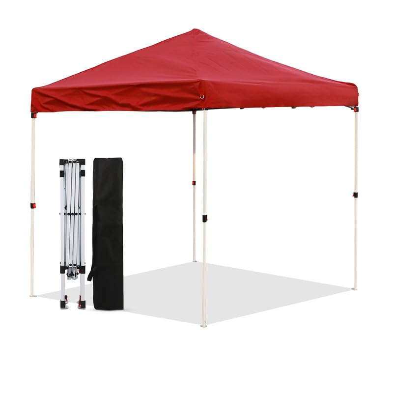 LANMOUNTAIN Pop Up Canopy 8X8 FT,Portable Sun Instant Shelter w/Backpack Bag,Waterproof,Adjustable Straight Leg Heights Canopies,Outdoor Tents for Parties,Camping,Commercial Event,Red