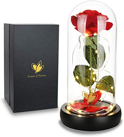 Valentines Rose Gifts for Wife Beauty and the Beast Rose Kit, Red Silk Rose and LED Light with Fallen Petals in Glass Dome on a Wooden Base Best Gift for Wedding Anniversary Birthday Valentine's Day