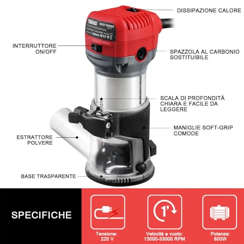 Teeno Rifilatore Fresatrice Verticale Per Legno 800W 13000-33000 Rpm, Legno Rifilatrice Elettrica Con 15 Pezzi 1/4" Fresatura Cuter, 6 Velocità Variabili, Mandrino 6/6.35/8Mm,Scatola Di Plastica - 2