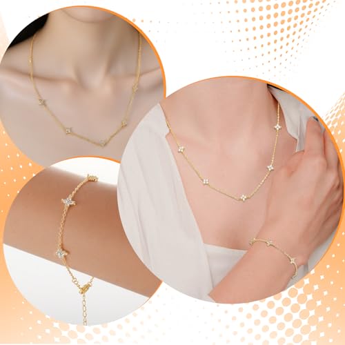 ViEinkaufen Women's Necklace and Bracelet Set, 18K Gold Plated Cubic Zirconia Flower Jewelry Set with Pink Box & Velvet Pouch, Adjustable Dainty Chain for Wedding Prom Brides（Gold） - Image 2