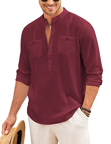 Coofandy Mens Linen Henley Casual Hippie Cotton Beach T Shirt, Wine Red, X-Large, Long Sleeve #TOP10