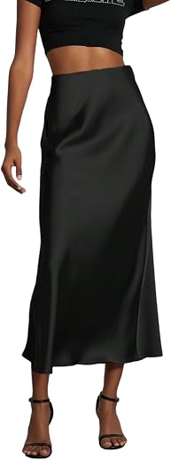 KATECLO Women’s High-Waisted Satin Midi Skirt – Elegant A-Line Silky Slip, Lightweight Flowing Bias-Cut for Casual, Work, ...