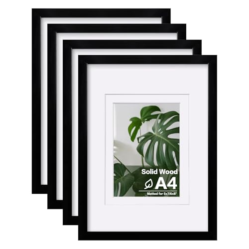 Egofine A4 Picture Frames Set of 4, Made of Solid Wood Covered by Plexiglass 5x7 and 6x8 with Mat or A4 whitout Mat, for Table Top Display and Wall Mounting Photo Frame Black