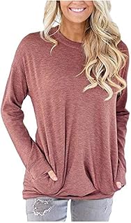 onlypuff Casual Long Sleeve Shirts for Women Pocket Tunic Tops Loose Fit Solid