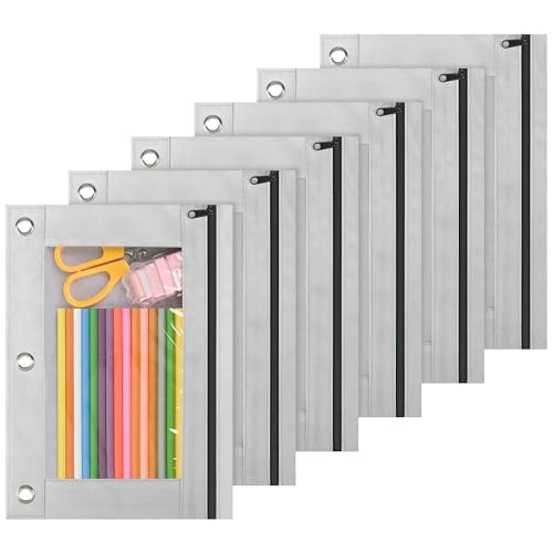 Image of Lanpn Pencil Pouch for 3 Ring Binder 6 Pack, Aesthetic Binder Pen Holder with Zipper, 3 Holes Pencil Bags Organizer for Boy Girl Kids School Student, Reinforced Grommets & Clear Window, Grey