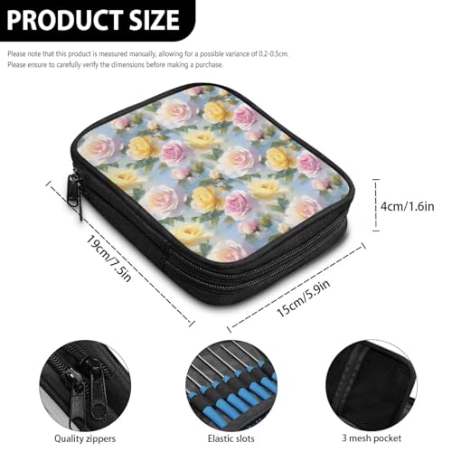 Image of Yellow Pink Rose Crochet Hook Case Crochet Hook Holder Portable Storage Bag with Web Pockets Suitable for Needles /Knitting Accessories
