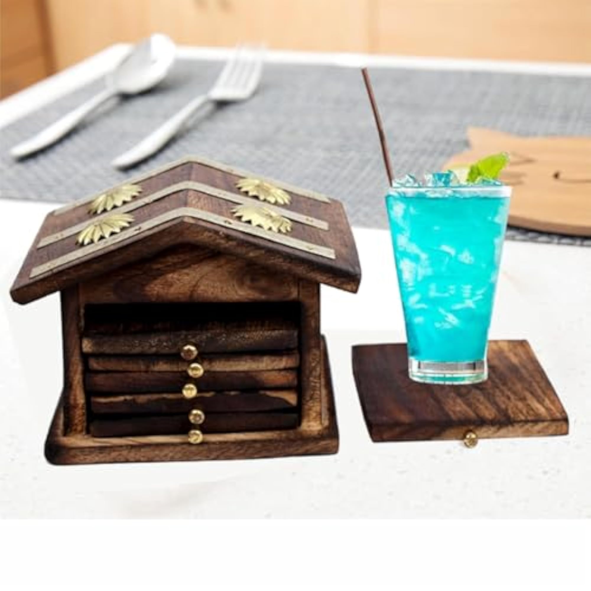 Wooden Tea Coaster Set Hut Shape Handmade Coaster Plates