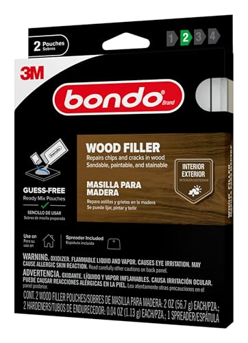 Wood Filler Ready Mix Pouches, Contains 2 Wood Filler Pouches 2 oz with 2 Hardners and 1 Spreader, Repairs Chips and Cracks in Wood, Sandable, Paintable, and Stainable () - Bondo WF-2PK-ES