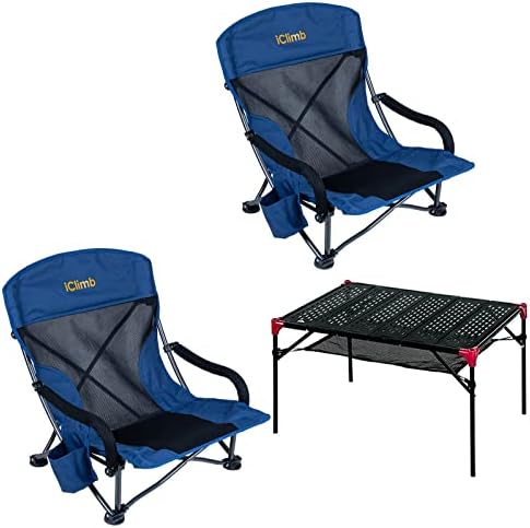 iClimb 2 Wide Low Beach Chair and 1 Extendable Table Bundle for Two Person Outdoor Beach Camping Concert Tailgating RV Travelling