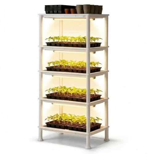 RooTrimmer 5-Tier Seed Starter Trays Plant Stand with LED Grow Light (Auto-Timer) Bottom Watering Designed for Indoor Greenhouse Plants Fits Small Pots & Seedling Cell Trays - White