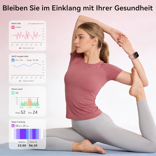 Smartwatch Damen mit 7 Armbänder & Geschenkbox, 1.83" HD Smartwatch mit Bluetooth-Anruf, Fitness Tracker mit SpO2, Pulsmesser, Schlafmonitor, Schrittzähler, IP68 Wasserdicht, 100+ Sportmodi(Rosa) – Ansicht 6