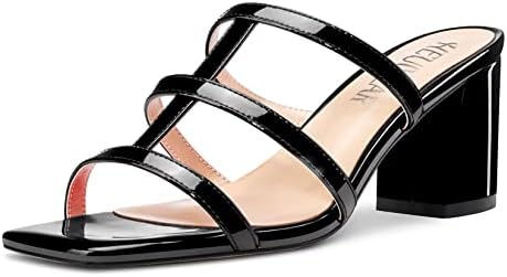 HEUIVZAR Women Chunky Block Mid Heel Peep Open Toe Mules Slip-on Slingback Party Gladiator 2.6 Inches Heels Black 8 M US