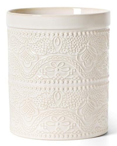 Image of FUN ELEMENTS Kitchen Utensil Holder, 7.2 inch Super Large Utensil Crock Heavy and Stable Lace Emboss Ceramic Utensil Holder for Kitchen Counter (Lace Emboss)