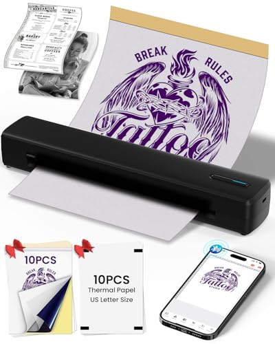 Tattoo Stencil Printer,Portable,Inkless,Thermal tattoo printer machine with 10 pcs of Tattoo Transfer Paper&10 pcs US letter paper,Tattoo Printer for Tattoo Artists&Beginners,Compatible with Phone&PC