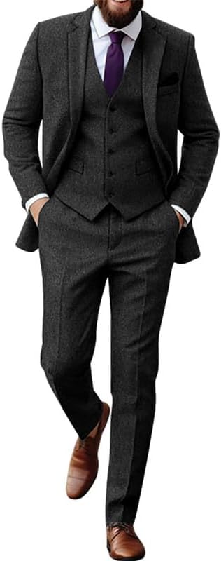Men Retro Tweed Suit Set 3 Piece Slim Fit Groom Tuxedos Set Prom Notch Lapel Jacket Vest Pants Set