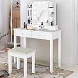 AODAILIHB Vanity Desk with Mirror and Lights, 35' Makeup Vanity Dressing Table with Vanity Stool/2 Drawers/Open Shelves/3 Color Lighting Modes & Brightness Bedroom Furniture (White)