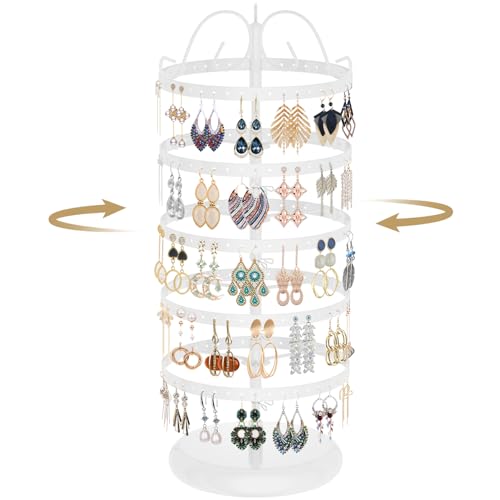LASZOLA 5 Tier White Earring Holder Organizer Tree Women Display Storage for Stud and Hoop, Large Cool Rotating Clip Stand for Pierced and Dangle Earring, Vertical Metal Tower Carousel with 220 Holes