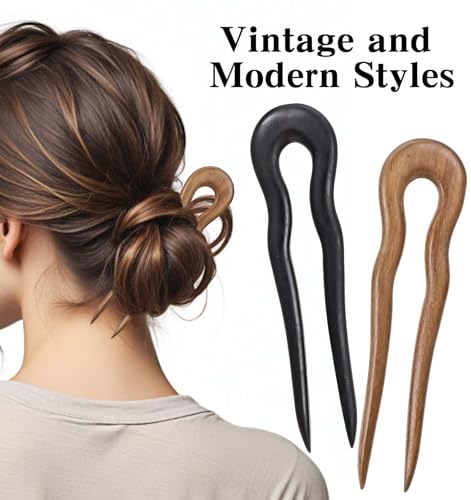 Wooden Hair Sticks, 2 Pack 5.9\" Smooth Hair Forks for Thick & Fine Hair, Traditional Easy-to-use Hair Sticks for Women Girls Long Hair, Handmade French Hairpin, Brown & Black Hair Forks for Fine Hair