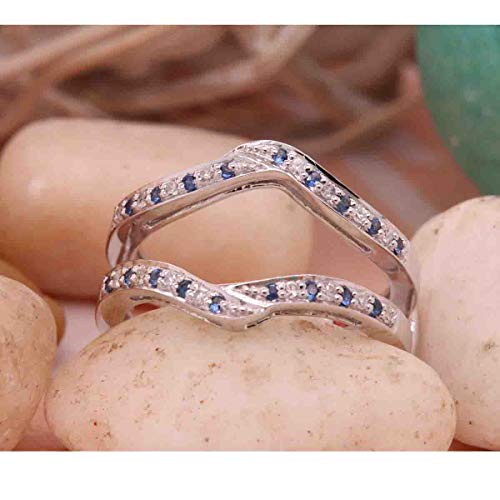 Dazzlingrock Collection 14K Blue Sapphire & White Diamond Ladies Wedding Band Enhancer Guard Double Ring, White Gold, Size 7 #TOP4