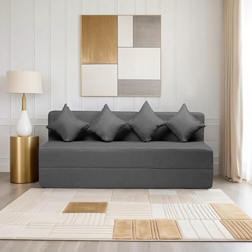 Image of Amazon Brand - Solimo 4 Seater 6 * 6 Jute Fabric Washable Cover Sofa Cum Bed with 4 Cushions 4 Seater Double Foam Fold Out Sofa Cum Bed (Finish Color - Grey Delivery Condition - Pre-Assembled)