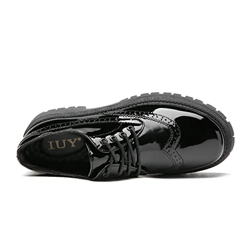 Image of Womens Vintage Oxford Shoes Platform Lace-up Round Toe Patent Leather Brogues Casual Oxfords for Girls Ladies Women