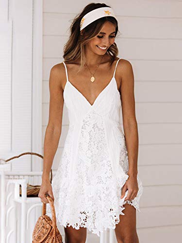 Domary Vestido feminino sexy de renda com decote em v alça espaguete de crochê de renda sem mangas m
