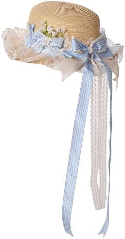 Girls Womens Tea Party Sun Hat Beach Straw Hat Lace Bowknot Hats (Blue)