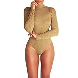  ZuzongYr Damen Jumpsuit Fitness Shirts Knopf Lange Ärmel Overall Einfarbig Shirt Body Hose Skinny Pullover Stretch Trikot Bluse Stricken T-Shirt (M,Khaki)