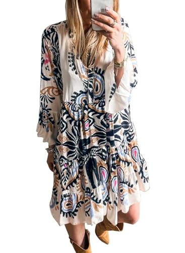 Image of miduo Womens Summer Dress Casual V Neck Buttoned 3 /4 Sleeve Bohemian Tribal Print Flowy Mini Dresses