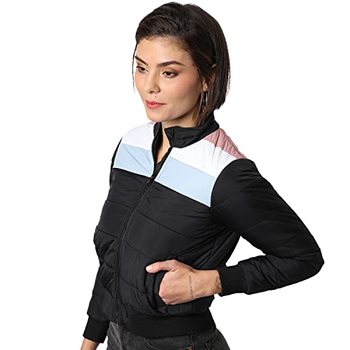 Image of Campus Sutra Women Black Colour-Blocked Puffer Regular Fit Bomber Jacket For Winter Wear | Standing Collar | Full Sleeve | Zipper | Casual Jacket For Woman & Girl | Western Stylish Jacket For Women