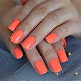 EchiQ Neon Fake Nails Short for Daily Wear Square Natural Shape Glossy Gel Nails Orange Pink Simple...