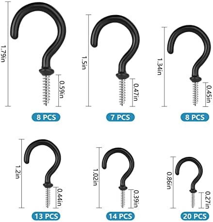 starfa lab Cup Hooks 70 Pieces Mug Hooks 6 Sizes Screw in Hooks Plastic Coated Screw Hooks with Plastic Case for Hanging Cups/Jewelry/ Key Metal Ceiling Hooks Black