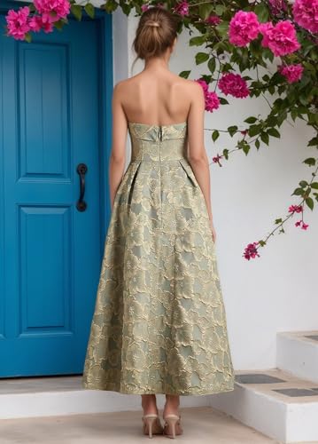 Jacquard Satin Bridesmaid Dresses for Women Strapless Midi Wedding Guest Dress A Line Formal Evening Gown3
