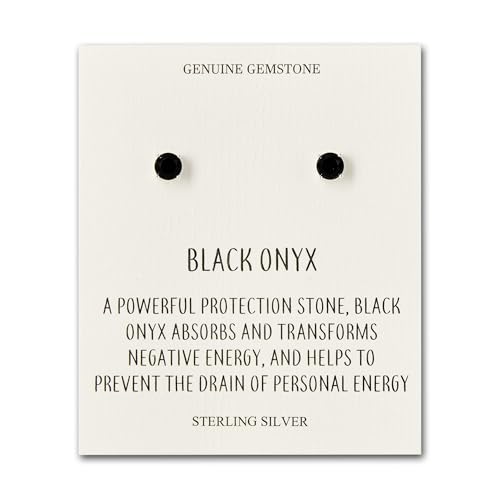 Philip Jones Pendientes de plata de ley con piedra preciosa de ónix negro con tarjeta de cita, S, Ónix negro, Ónix