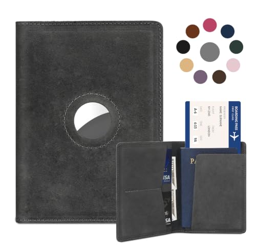 Airtag Passport Holder for Men and Women Travel, Real Leather Passport Wallet, Handmade Passport Cover Case with Airtag Slot, Travel Must Haves Essentials Accessories Birthday Gifts(Crazy Horse, Gray)