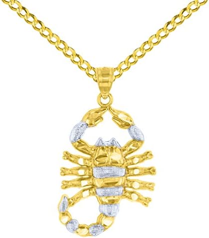 Solid 14K Yellow Gold Textured Scorpion Charm Scorpio Zodiac Pendant with Curb Chain Necklace, 18"
