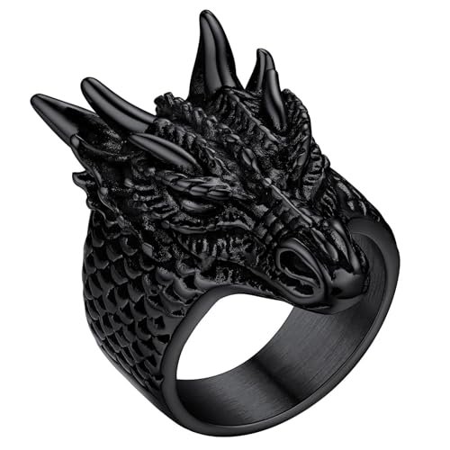 FaithHeart Norse Viking Jewelry Mens Stainless Steel Vikings Thor's Hammer/Wolf Head Ring Valknut Warrior's Gothic Jewelry-Personalized Engrave 04. Dragon Head-Black 7