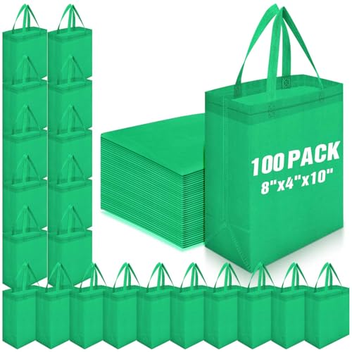 Windyun 100 Pcs Reusable Tote Bag Bulk 8 x 4 x 10 Inch, Green