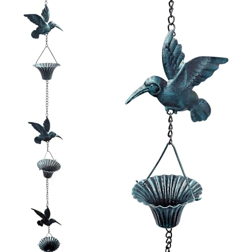 YZNlife Rain Chains, 8.5FT Hummingbird and Cup Rain Chains for Gutters,Functional Replacement for Downspout,Metal Rainwater Catcher Chain,Outdoor Garden Decor