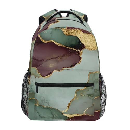Laptop Backpack for Men Women Fashion School Book Bag with Chest Strap Gift Men & Women Marble Sage Green Burgundy