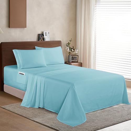 Elegant Comfort Luxury 1500 Premium Hotel Quality Microfiber 4-Piece Sheet Set - Soft, All Around Elastic 18-24 Inches Deep Fitted Sheet - Extra Deep Pocket Sheets, Full, Aqua