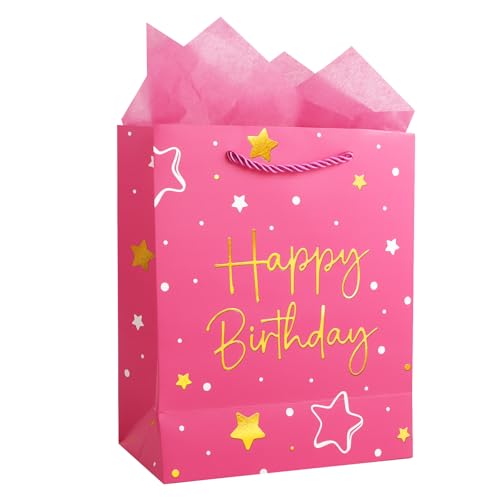 Image of Happy Birthday Gift Bag Medium Pink Birthday Bags for Presents Women Girls Gold Foil with Pink Tissue Paper 21x10x25cm