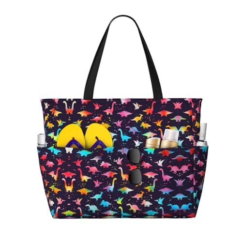 CHAOS MONKEY Women Large Beach Bag Funny Colorful Dinosaur Pattern Sandproof Waterproof Travel Weekender Tote Bag for Pool Vacation Gym
