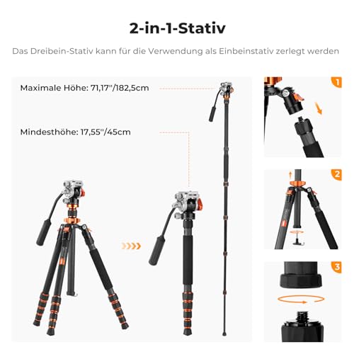 K&F Concept Carbon Stativ 173cm mit Videokopf und Einbeinstativ